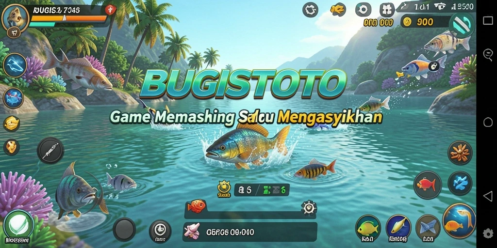Screenshot gameplay BUGISTOTO menunjukkan moment menangkap ikan berukuran besar.