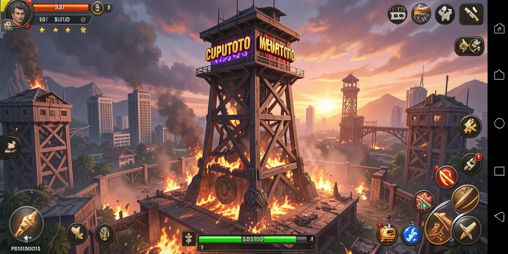 Tampilan gameplay menegangkan dalam CUPUTOTO dengan berbagai menara dan musuh.