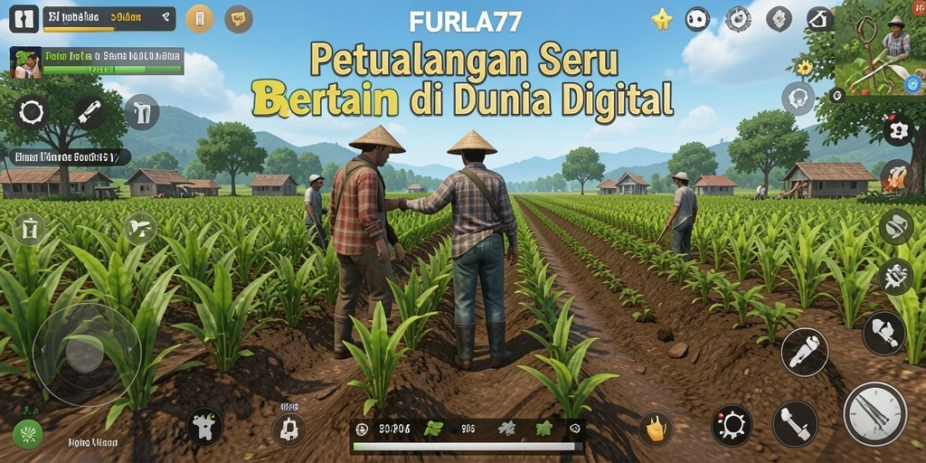 Screenshot gameplay FURLA77 menampilkan ladang yang luas dan tanaman yang subur.