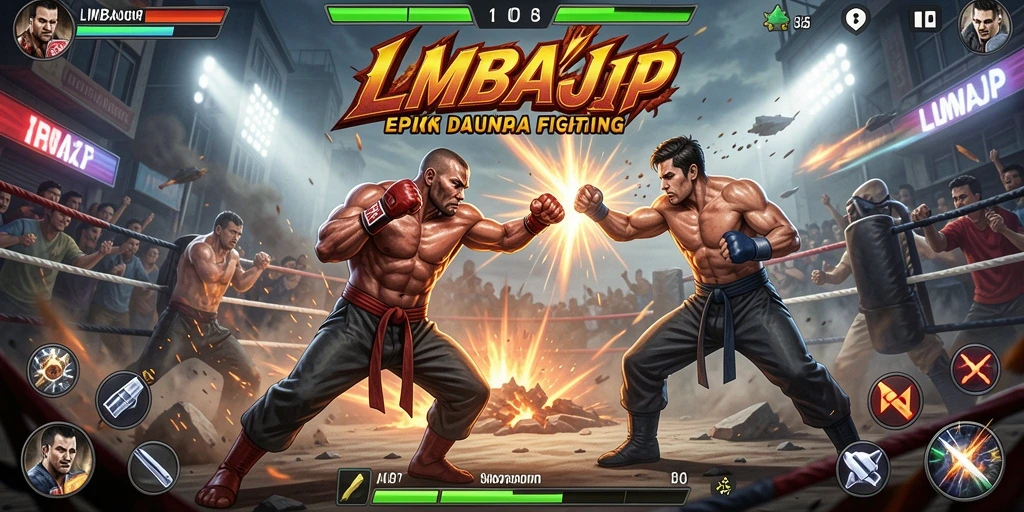 Tampilan gameplay pertarungan epik dalam LMBAJP yang memikat.