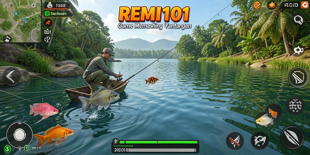 Tampilan gameplay <strong>REMI101</strong> yang menarik dengan beragam ikan yang dapat ditangkap.